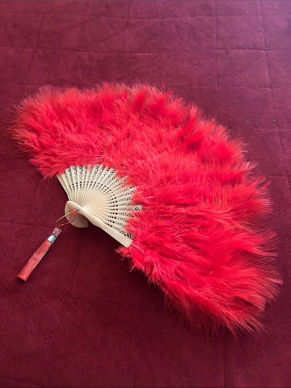 Red Feather Hand Fan with Ivory Frame